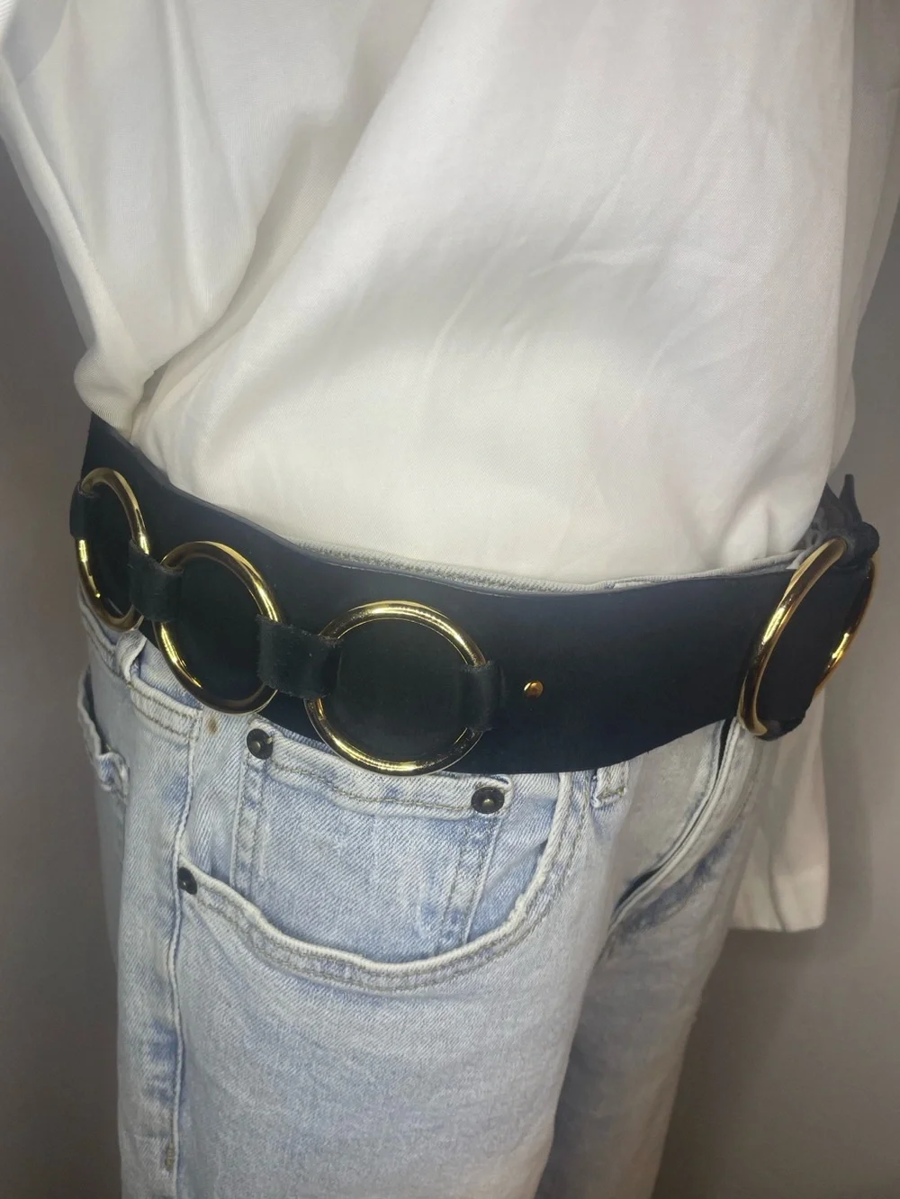 Black Suede Wide Hip Belt with Gold Rings Size Small Urban Grunge